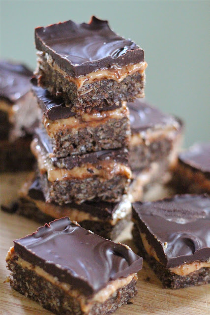 Peanut butter, coconut and dark chocolate crispy bars.