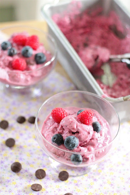 5 minute mixed berry and dark chocolate Greek frozen yogurt