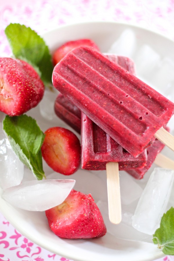 Chia strawberry, and raspberry mint popsicles 