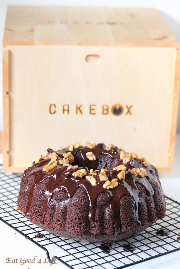 Triple chocolate whole wheat bundt cake made with less sugar and coconut oil