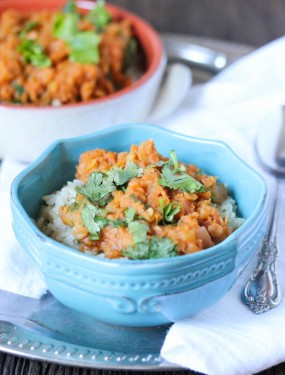 Slow cooker lentil curry. Gluten free and vegan. Super easy to put together and only