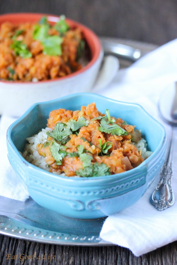 Slow cooker lentil curry. Gluten free and vegan. Super easy to put together and only