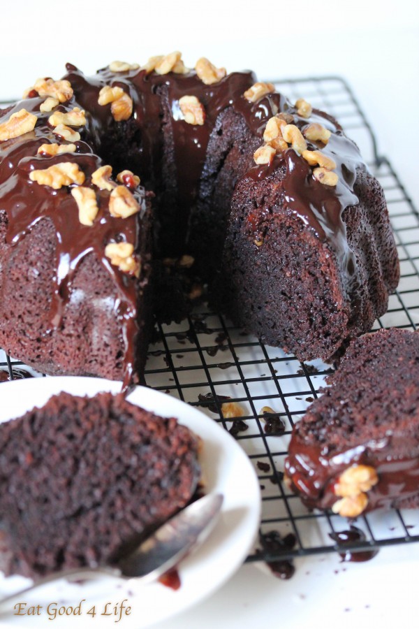 Triple chocolate whole wheat bundt cake made with less sugar and coconut oil