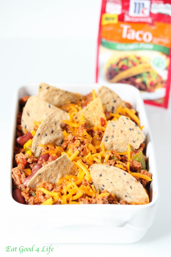 Gluten free turkey taco casserole done in just 20 minutes.