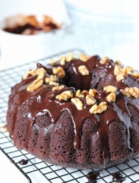 Triple chocolate whole wheat bundt cake made with less sugar and coconut oil