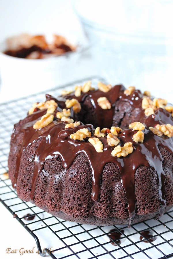 Triple chocolate whole wheat bundt cake made with less sugar and coconut oil