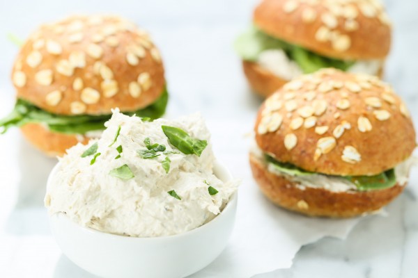 I normally serve this tuna cream cheese spread with crusty bread. In this case I used Panera’s sprouted whole grain roll, which was the perfect size especially for my kids.  I also tend to serve sandwiches with a salad to add some vegetables to the meal and make it more complete. In this case I served the sandwich with the Power Kale Caesar Salad with Chicken from Panera. 