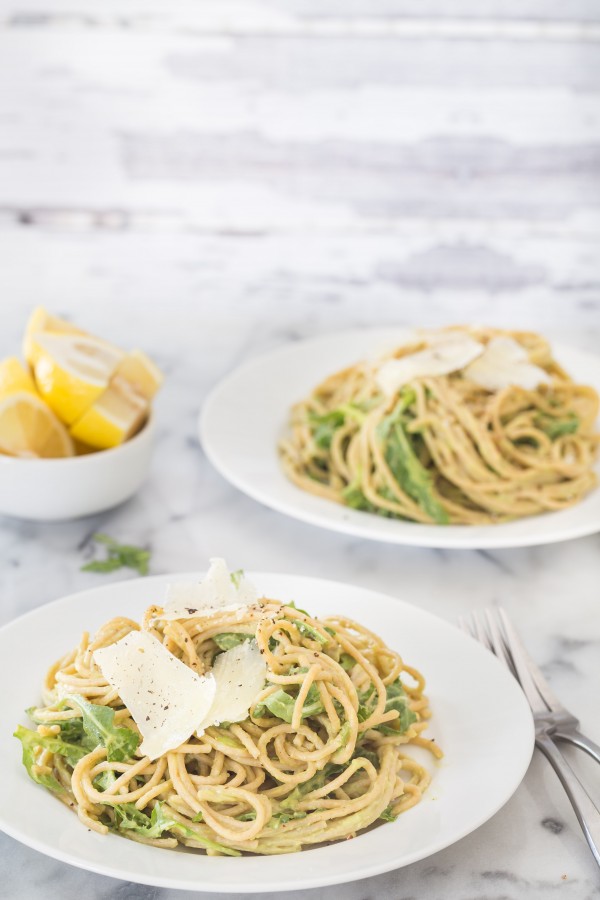 Creamy avocado arugula pasta