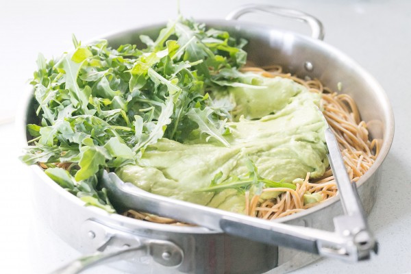 Creamy avocado arugula pasta