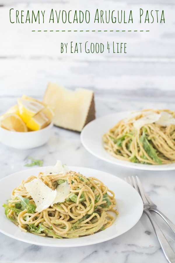 Creamy avocado arugula pasta