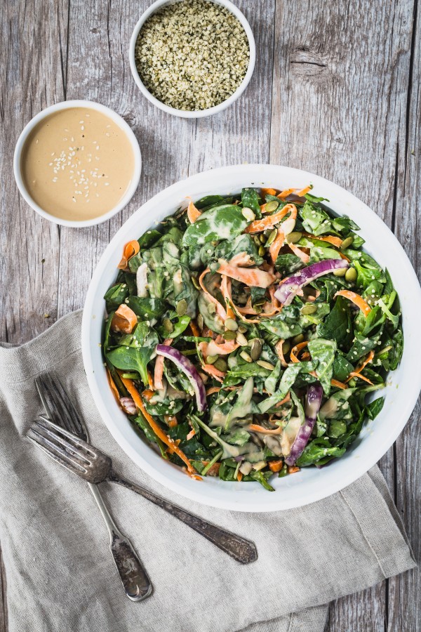 Fresh spinach salad with tahini dressing | Eat Good 4 Life