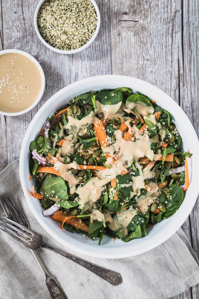 Fresh spinach salad with tahini dressing Eat Good 4 Life