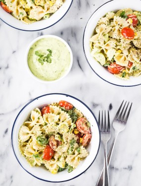 pasta salad with yogurt cilantro avocado dressing | Eat Good 4 Life