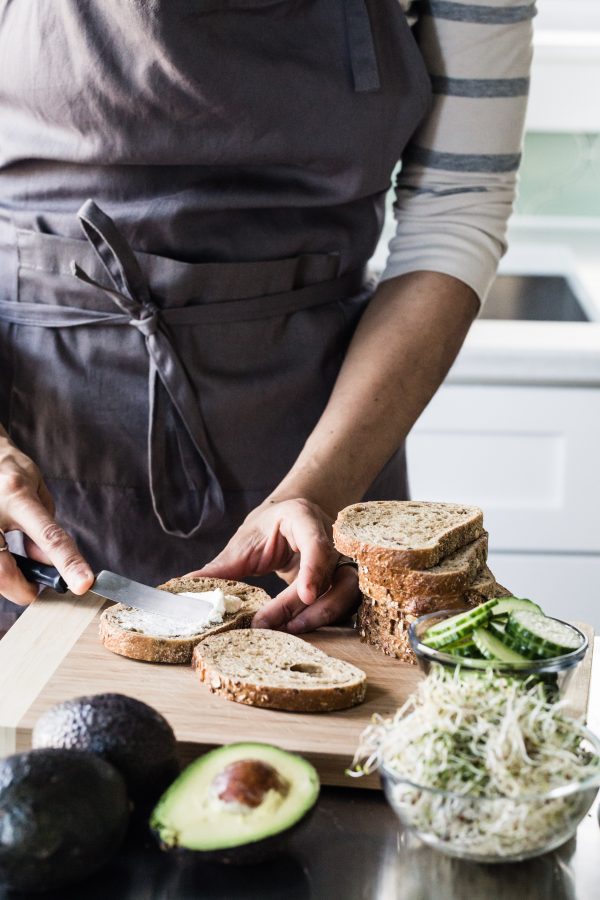 Avocado, cucumber, goat cheese sandwich