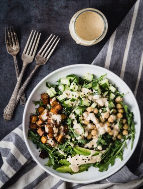 Caramelized tofu arugula salad with tahini dressing | Eat Good 4 Life