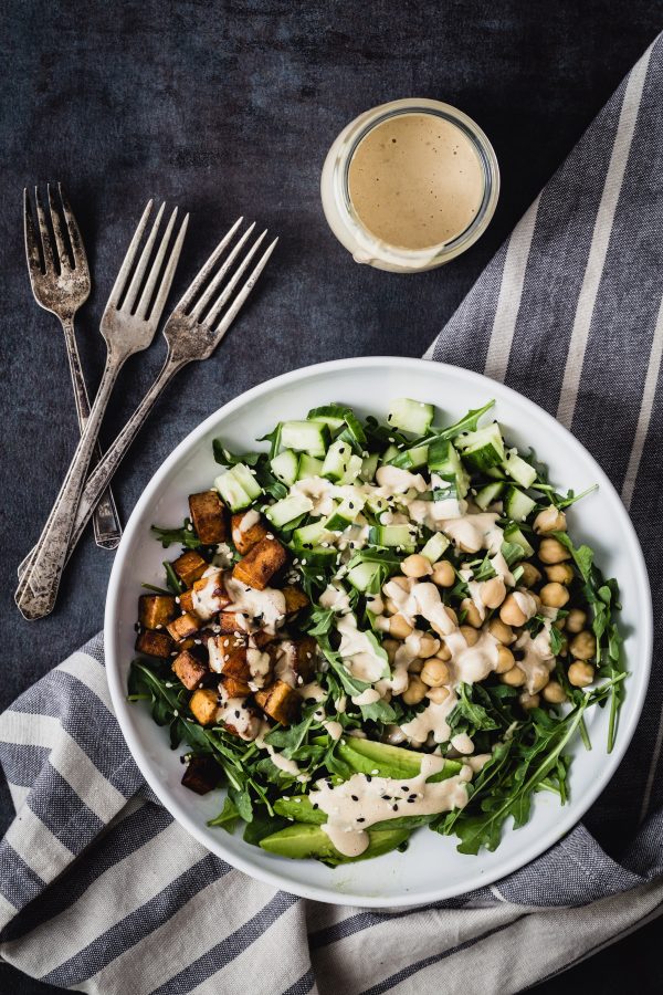 Caramelized tofu arugula salad with tahini dressing | Eat Good 4 Life