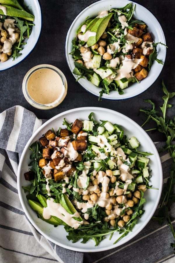 Caramelized tofu arugula salad with tahini dressing | Eat Good 4 Life